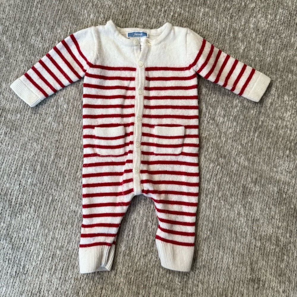 Jacadi Paris Red &‎ White Striped Knit Baby Romper 3M Wool Cotton Blend